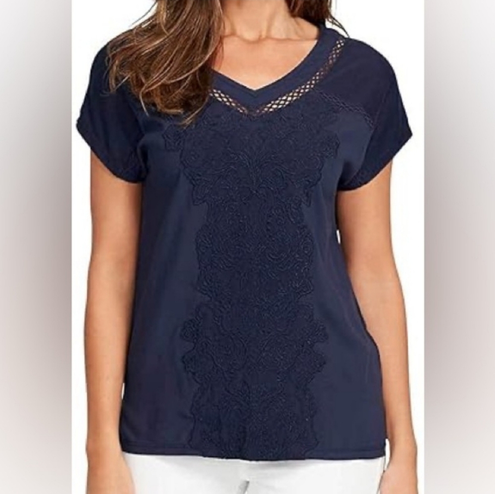 GLORIA VANDERBILT V Neck Embroidered Cotton Blend Top Midnight Affair